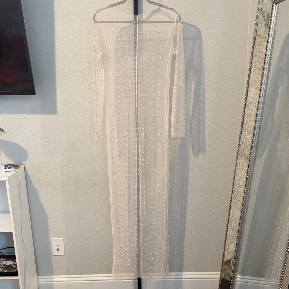 Chic Long Sleeve Sheer Dress in Cream with Pearls and Rhinestones